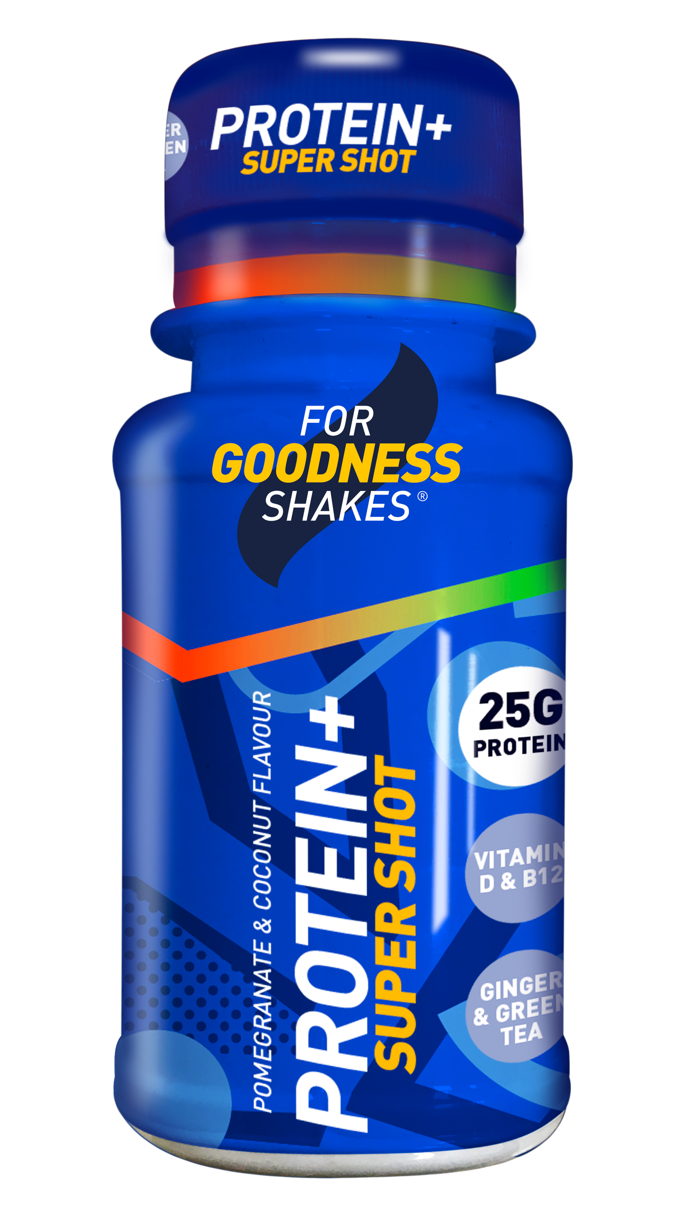 For Goodness Shakes Protein+ Super Shot - Pomegranate and Coconut Flavour. The perfect on-the-go supplement to hit your health and fitness goals.