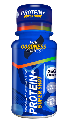 For Goodness Shakes Protein+ Super Shot - Pomegranate and Coconut Flavour. The perfect on-the-go supplement to hit your health and fitness goals.