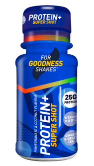 For Goodness Shakes Protein+ Super Shot - Pomegranate and Coconut Flavour. The perfect on-the-go supplement to hit your health and fitness goals.