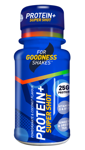 For Goodness Shakes Protein+ Super Shot - Pomegranate and Coconut Flavour. The perfect on-the-go supplement to hit your health and fitness goals.